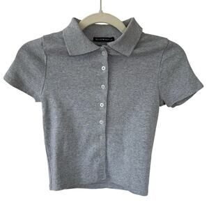 Brandy Melville Gray Button Down Crop Polo Top XS/S Preppy 100% Cotton Sporty